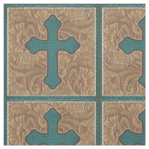 Western Cross Teal And Brown Faux Leather Fabric