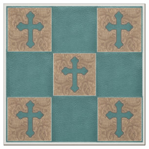 Western Cross Teal / Brown Faux Leather Fabric 9"
