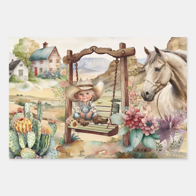 Western decoupage - little cowgirl on swing horse  wrapping paper sheet (Front)