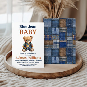 Western Denim Patchwork Bear Blue Jean Baby Shower Invitation