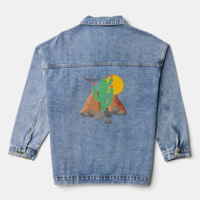 Western Desert Vibes: Southwest Cactus Denim  Denim Jacket (Back)