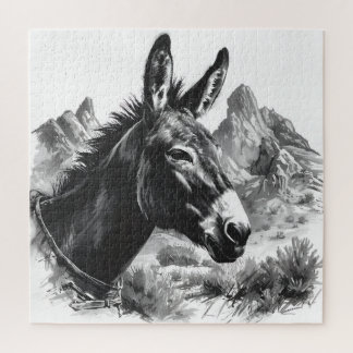Western Donkey Vintage Black & White Puzzle