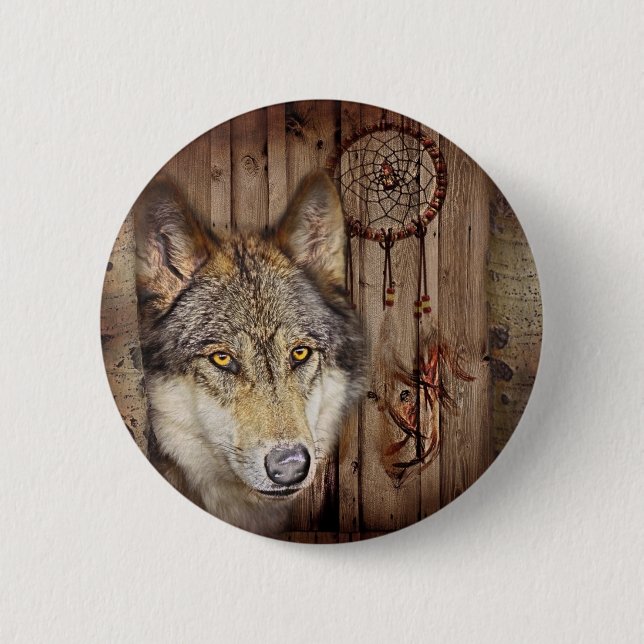 Western dream catcher  native american indian wolf 2 inch round button (Front)