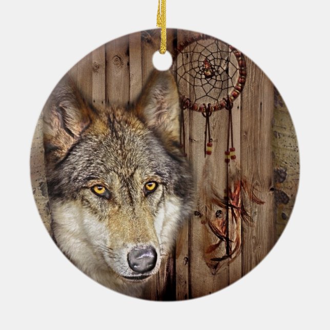 Western dream catcher  native american indian wolf ceramic ornament (Back)