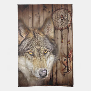 Western dream catcher native american indian wolf kitchen towel