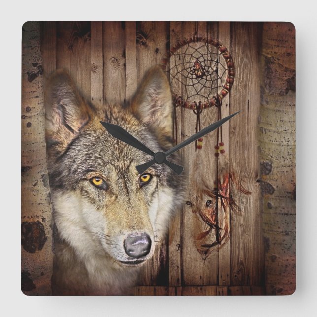 Western dream catcher  native american indian wolf square wall clock (Front)