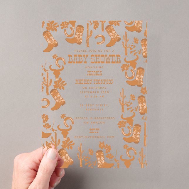 Western Earth Tone Country Boots Baby Shower Acrylic Invitations (Insitu (Handheld))