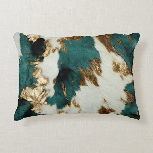 Western Emerald Gold White Cowhide  Accent Pillow (Front)