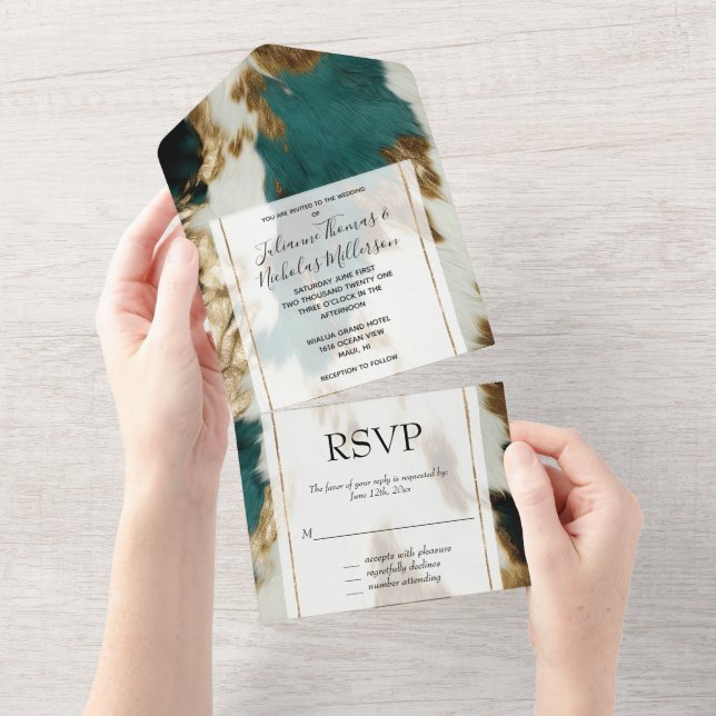 Western Emerald Gold White Cowhide  All In One Invitation (Tearaway)