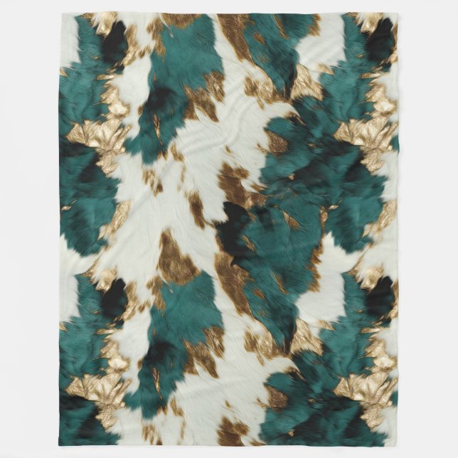 Western Emerald Gold White Cowhide  Fleece Blanket (Front)