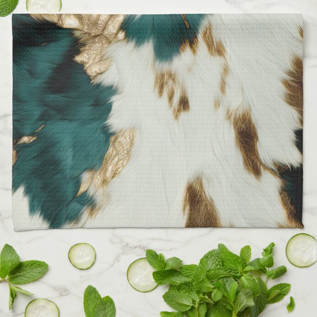 Western Emerald Gold White Cowhide  Kitchen Towel (Folded)