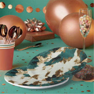 Western Emerald Gold White Cowhide  Paper Plate