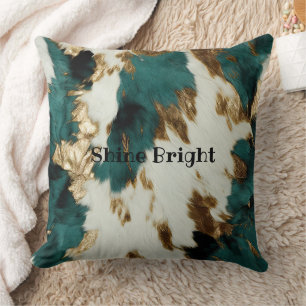 Western Emerald Gold White Cowhide  Throw Pillow