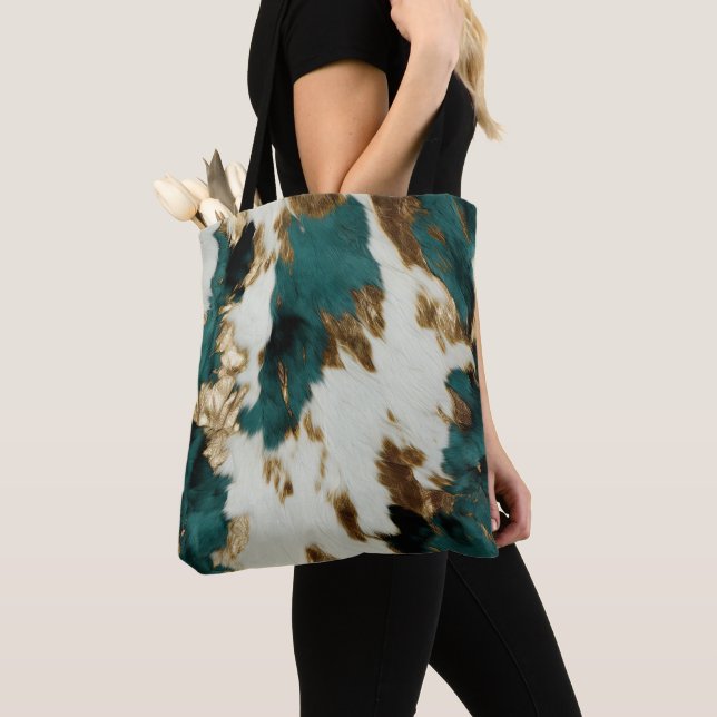 Western Emerald Gold White Cowhide  Tote Bag (Close Up)