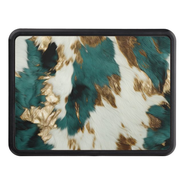 Western Emerald Gold White Cowhide  Trailer Hitch Cover (Front)