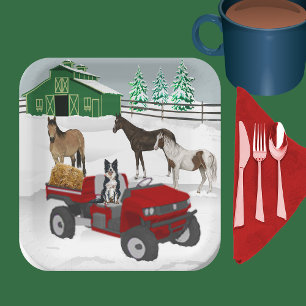 Western Farm Horse Ranch Red ATV Dog and Barn Paper Plate
