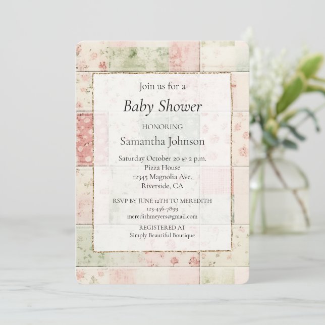 Western Farm Mint Pink Floral Quilt Patterns Invitation (Standing Front)