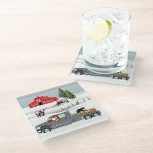 Western Farm Ranch Santa Cattle and Dog  Glass Coaster