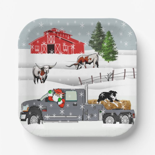 Western Farm Ranch Santa Cattle and Dog Paper Plate (Front)