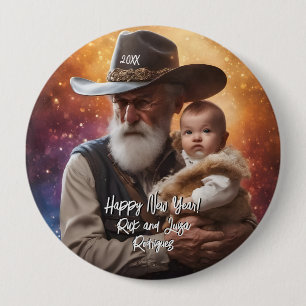 Western Father Time and Baby New Year 4 Inch Round Button