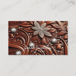 Western Faux Leather Tooled Floral Diamond Pattern Business Card
