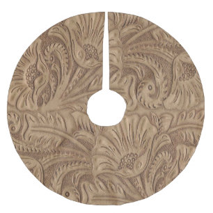 Western Faux Tooled Leather Print Brown Brushed Polyester Tree Skirt