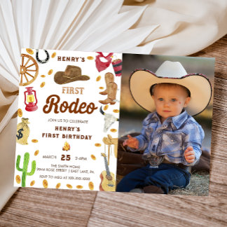 Western First Birthday Rodeo Baby Photo Invitation
