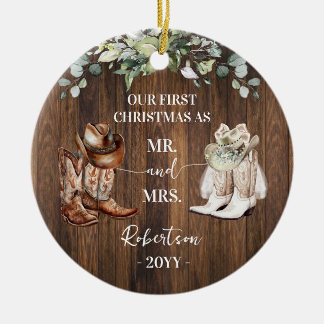 Western First Christmas as Mr & Mrs Cowboy Cowgirl Ceramic Ornament (Front)