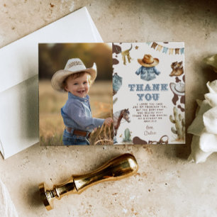 Western First Rodeo boy birthday photo thank you Invitation