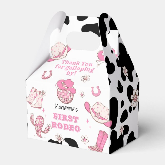 Western First Rodeo Cowgirl pink Birthday party Favor Box (Front Side)