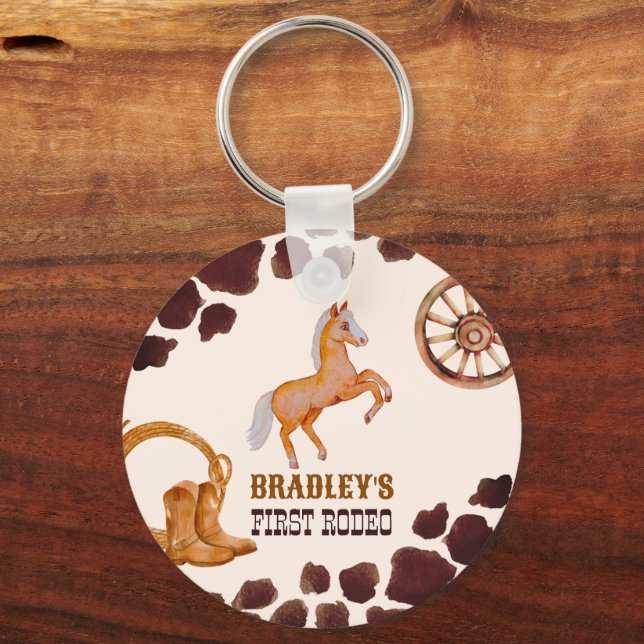Western first rodeo saddle up horse birthday favou keychain (Front)