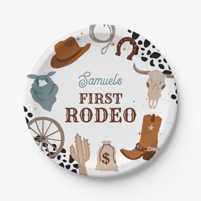 Western First Rodeo Wild West Boy First Birthday Paper Plate (Front)