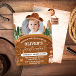 Western First Rodeo Wild West Cowboy 1st Birthday Invitation<br><div class="desc">First birthday invitation for your little cowboy! This baby boy rodeo first birthday invitation features boy editable photo with a cowboy hat,  a desert background with cactus and mountains, horse shoe with gold coins and a cowboy boots.A perfect cowboy first rodeo theme birthday party invitation.</div>