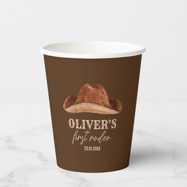 Western First Rodeo Wild West Cowboy 1st Birthday Paper Cups (Front)