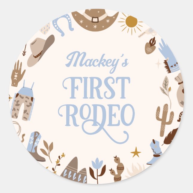 Western First Rodeo Wild West Cowboy Blue Birthday Classic Round Sticker (Front)