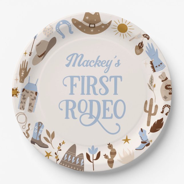 Western First Rodeo Wild West Cowboy Blue Birthday Paper Plate (Front)