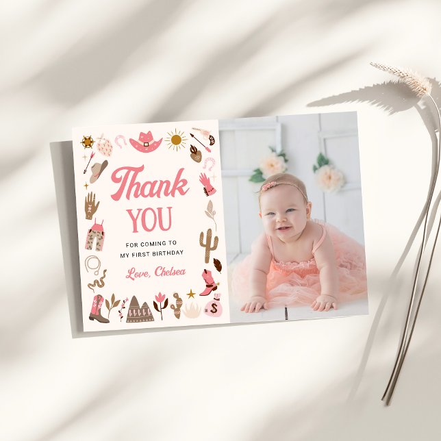 Western First Rodeo Wild West Cowboy Pink Birthday Thank You Card (Creator Uploaded)