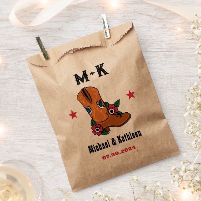 Western Floral Cowboy Boot Boho Country Wedding Favour Bag (Clipped)