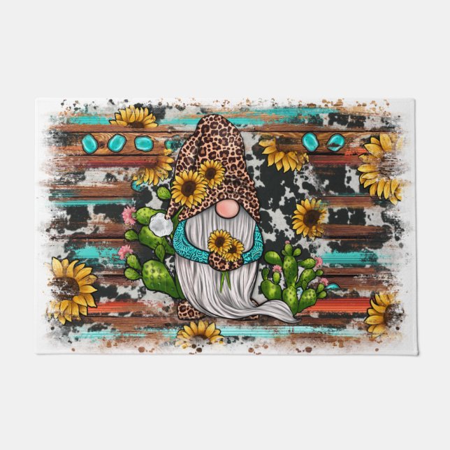 Western Gnome Sunflowers Turquoise Stones Doormat (Front)