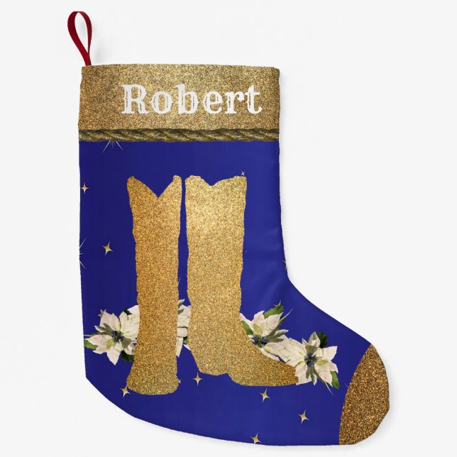 Western Gold Cowboy Cowgirl Boots On Blue Small Christmas Stocking (Front)