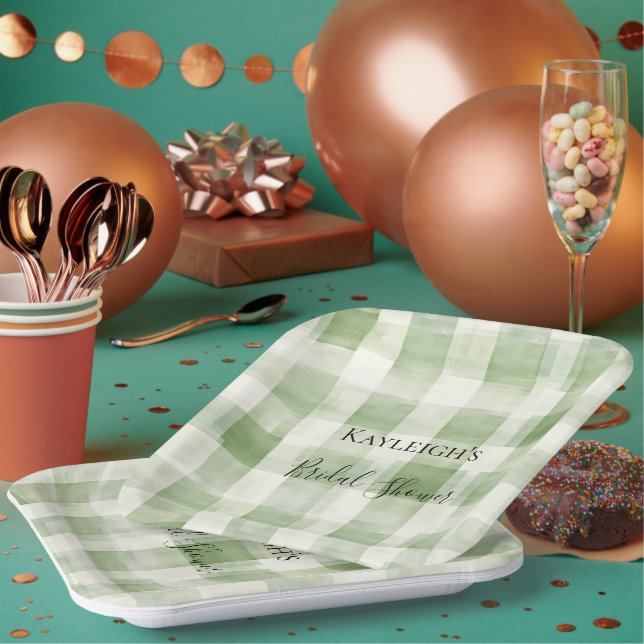 Western Green Cream Plaid Stripes Bridal Shower Paper Plate (Multi)
