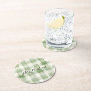 Western Green Cream Plaid Stripes Christmas Round Paper Coaster
