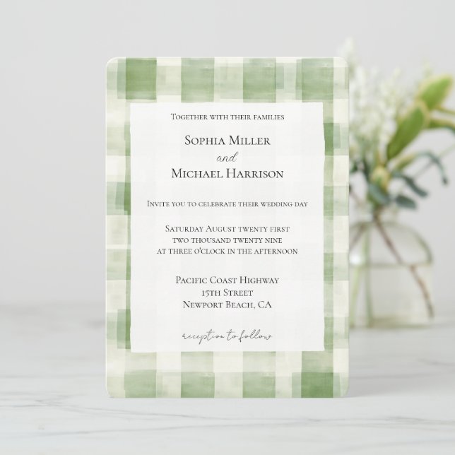 Western Green Cream Plaid Stripes Country Wedding Invitation (Standing Front)