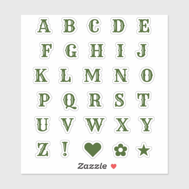Western Green Letters | Monogram Alphabet Stickers (Sheet)