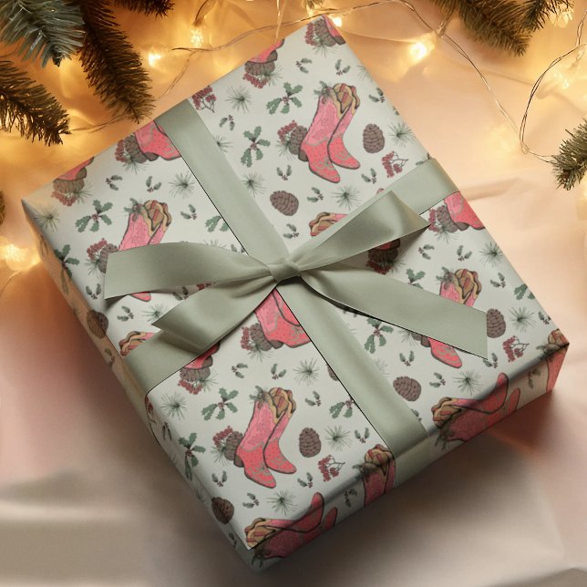 Western Green Xmas Cowboy Boots, Pinecones Berries Wrapping Paper (Country Xmas Cowgirl Boots, Pinecones, Holly Berries & Pine. Hand-Drawn Illustrations in Black Ink. )