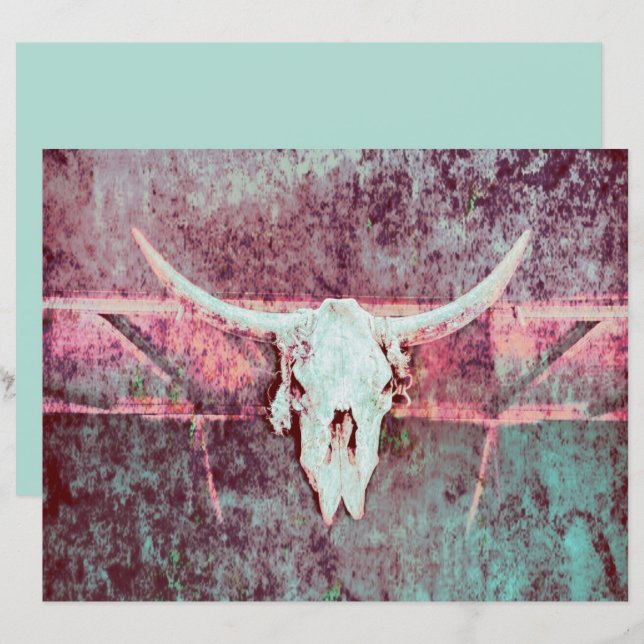 Western Grunge Texture Rustic Teal Bull Skull (Front/Back)
