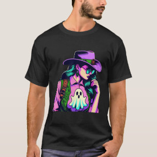 Western Halloween Cowgirl With Ghost Pop Art T-Shirt