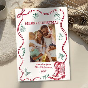 Western Hand Drawn Cowboy Boots Christmas Photo Holiday Card