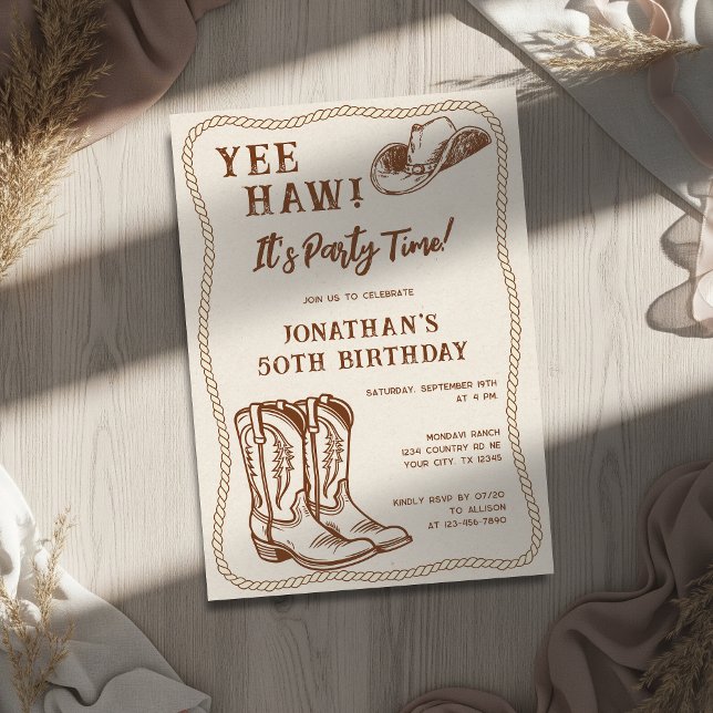Western Hand Drawn Cowboy Boots Man Birthday Party Invitation (Creator Uploaded)