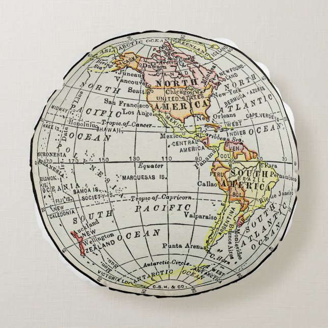 Western Hemisphere Map Globe Travel Round Pillow (Front)